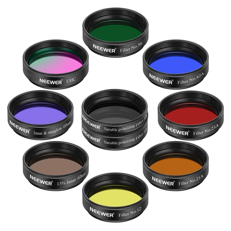 Neewer 1.25" Telescope Eyepiece Set (10 Pack) - 5 Planetary Color Filters, 2 Variable Polarizing Filters, UHC, Lunar & Starglow, 13% Lunar for Starry Sky Moon Observation