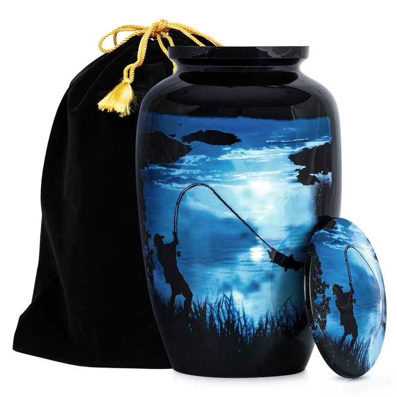 STONLIF Large Gone Fishing Urns for Ashes Adult Male & Female - 200 lbs Decorative Urn, Burial Urns for Dad, Men - Funeral Urn with Velvet Bag and Felted Bottom - Blue Urn for Ashes Adult Male