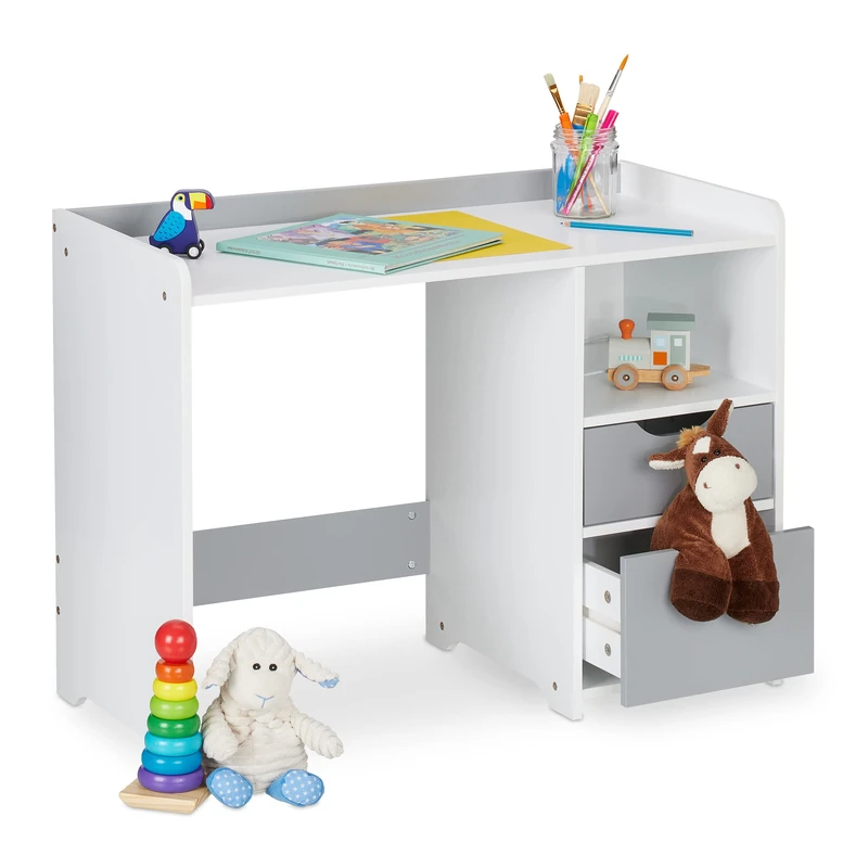 Relaxdays Children, 2 Drawers, Open Compartment, Table Edge, Kids' Room Desk, HWD: 60 x 80 x 38 cm, White/Grey, Fibreboard