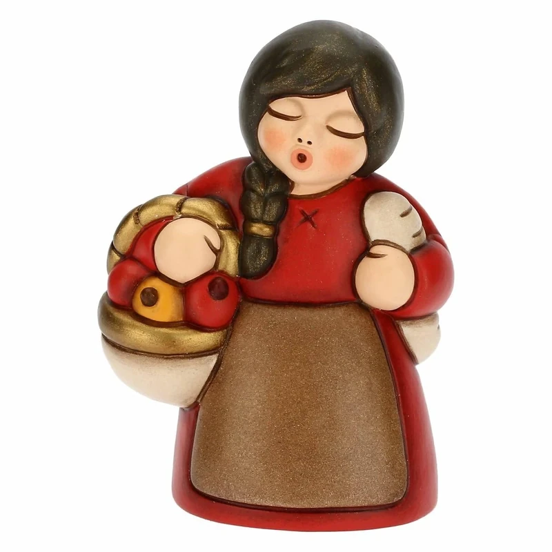 THUN - Nativity Scene 2022 - Woman Nativity Figure on the Market in Hand-Decorated Ceramic, Red Dress Version - Classic Nativity Line - 5.8x5x8 cm h