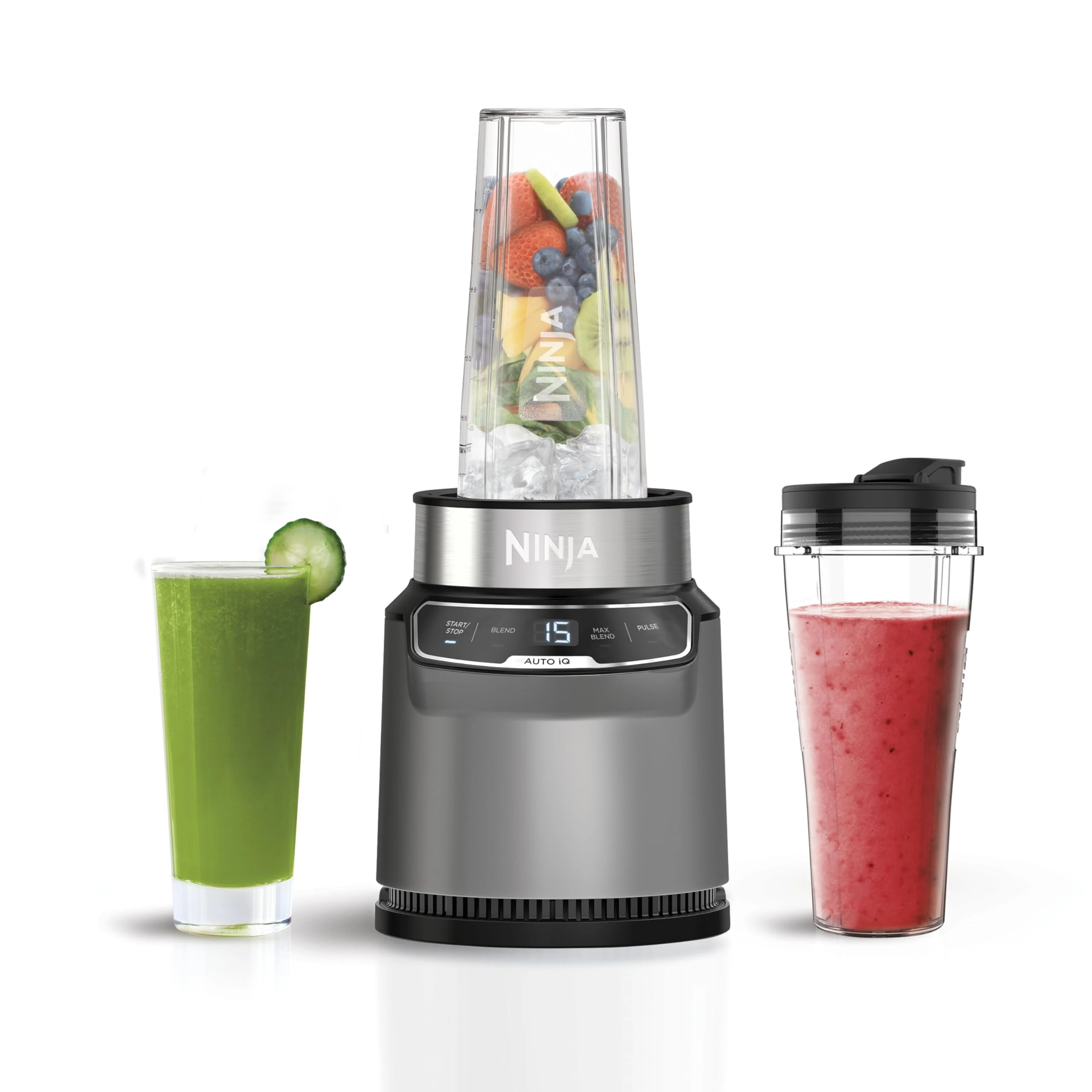 Ninja Blender with Auto-iQ, Blend in Cup, One Touch Controls, Make Smoothies, Milkshakes & Frozen Treats, Dishwasher Safe Parts, Stainless Steel Blades, 1000W, 1 x 700ml Cup, Grey/Silver, BN500UK