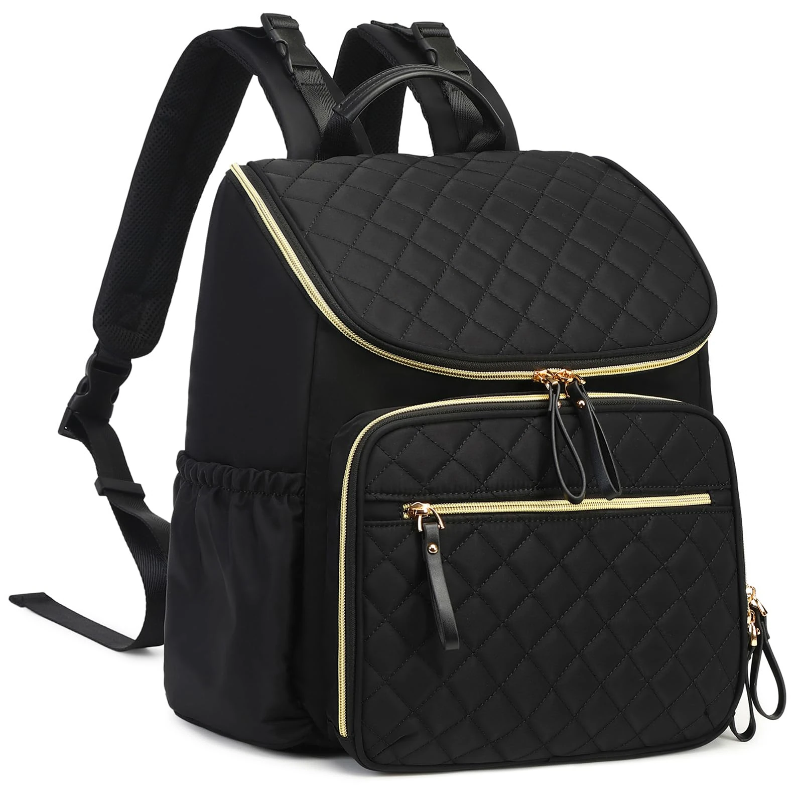 LORADI Large Capacity Diaper Bag with Stroller Buckle, Water-Resistant Travel Backpack with Insulated Pockets (Black-gold)