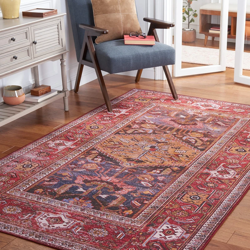 Safavieh Traditional Rug Ideal for High Traffic Areas - Machine Washable and Non Slip - Tucson Collection, Short Pile, in Rust and Marine Blue, 183 X 274 cm