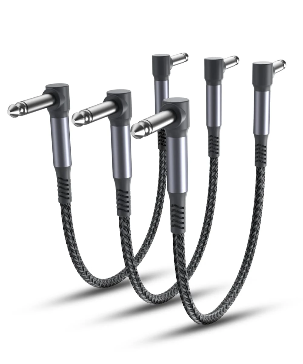 Elebase Guitar Patch Cables 15CM 3-Pack,6.35MM Effects Pedal Board Cord,1/4" Right-Angle Nylon Braided Instrument Audio Lead,Pedalboard Connector TS Copper Wire for Amp/Amplifier,Mixer,Electric Bass