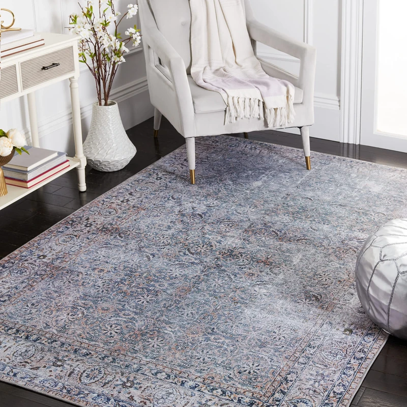 Safavieh Traditional Rug Ideal for High Traffic Areas - Machine Washable and Non Slip - Tucson Collection, Short Pile, in Blue and Beige, 183 X 274 cm