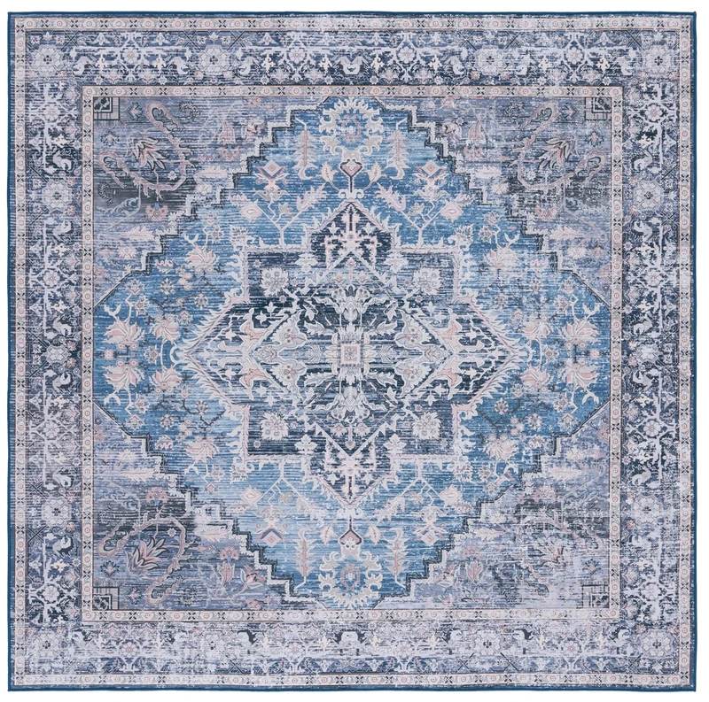 Safavieh Traditional Rug Ideal for High Traffic Areas - Machine Washable and Non Slip - Tucson Collection, Short Pile, in Blue and Grey, 183 X 183 cm