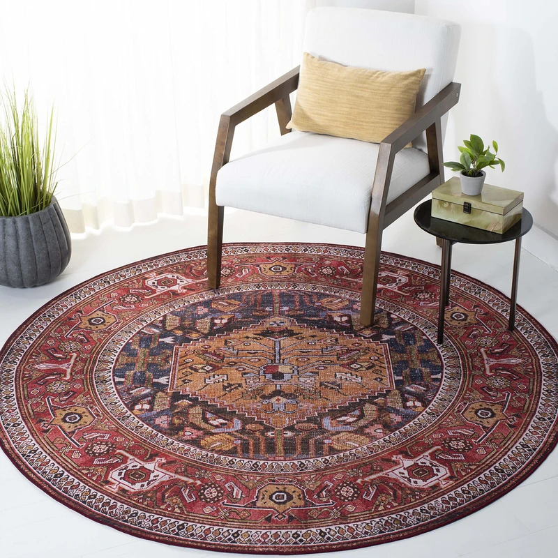 Safavieh Traditional Rug Ideal for High Traffic Areas - Machine Washable and Non Slip - Tucson Collection, Short Pile, in Rust and Marine Blue, 183 X 183 cm