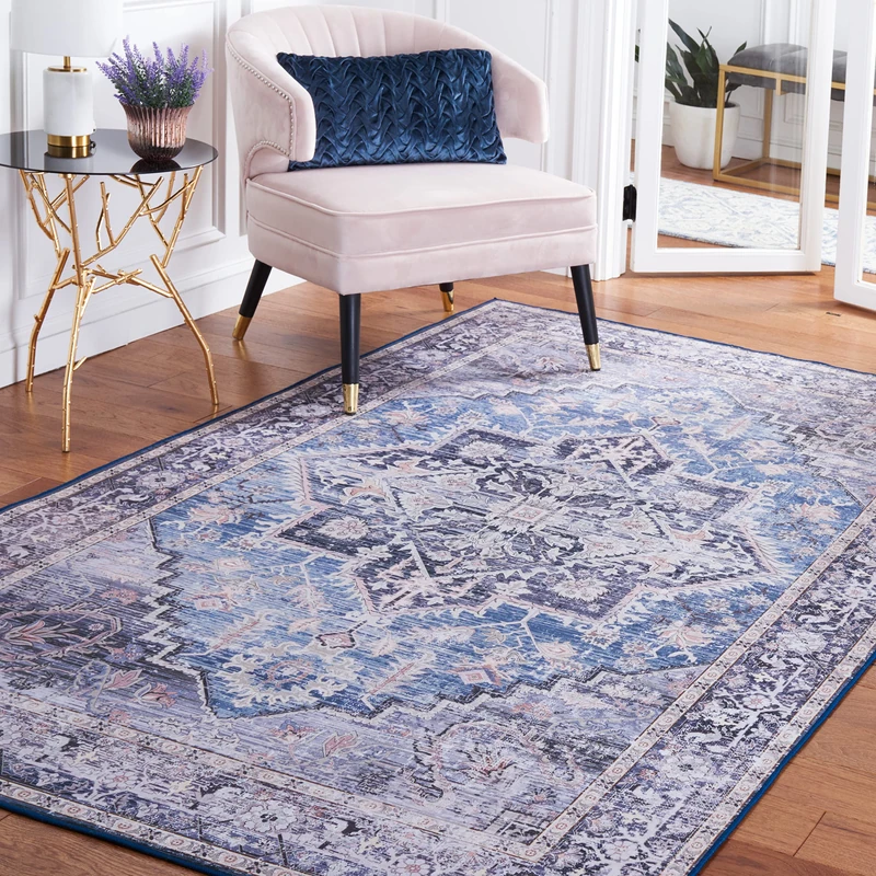 Safavieh Traditional Rug Ideal for High Traffic Areas - Machine Washable and Non Slip - Tucson Collection, Short Pile, in Blue and Grey, 183 X 274 cm