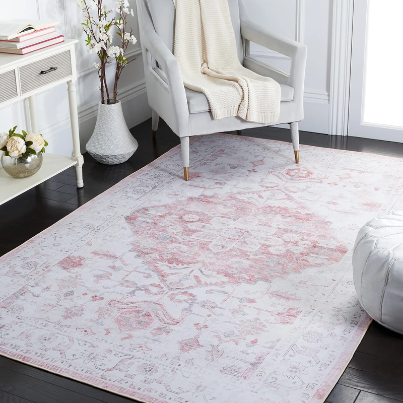 Safavieh Traditional Rug Ideal for High Traffic Areas - Machine Washable and Non Slip - Tucson Collection, Short Pile, in Beige and Red, 122 X 183 cm - Image 1
