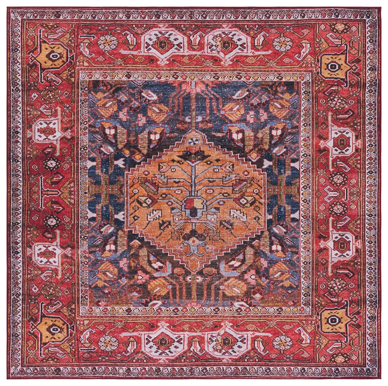 Safavieh Traditional Rug Ideal for High Traffic Areas - Machine Washable and Non Slip - Tucson Collection, Short Pile, in Rust and Marine Blue, 183 X 183 cm