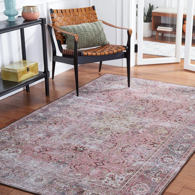 Safavieh Traditional Rug Ideal for High Traffic Areas - Machine Washable and Non Slip - Tucson Collection, Short Pile, in Pink and Beige, 122 X 183 cm