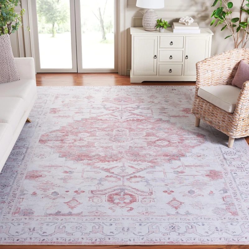 Safavieh Traditional Rug Ideal for High Traffic Areas - Machine Washable and Non Slip - Tucson Collection, Short Pile, in Beige and Red, 244 X 305 cm