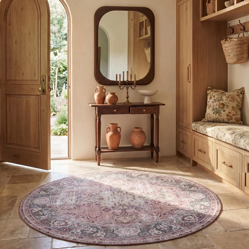 Safavieh Traditional Rug Ideal for High Traffic Areas - Machine Washable and Non Slip - Tucson Collection, Short Pile, in Pink and Beige, 183 X 183 cm - Image 1