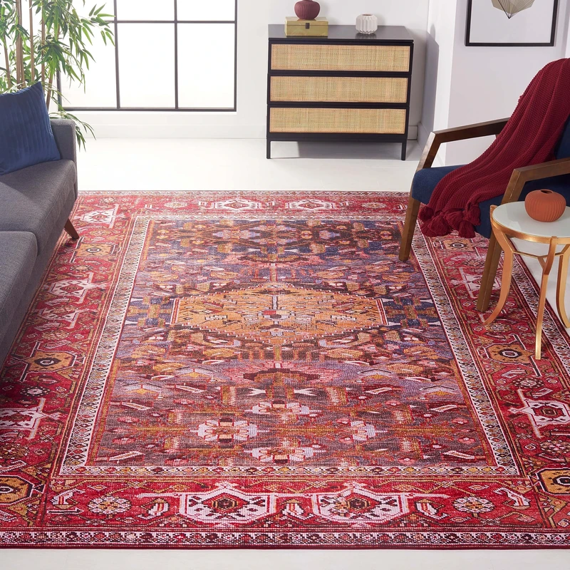 Safavieh Traditional Rug Ideal for High Traffic Areas - Machine Washable and Non Slip - Tucson Collection, Short Pile, in Light Blue and Blue, 70 X 244 cm