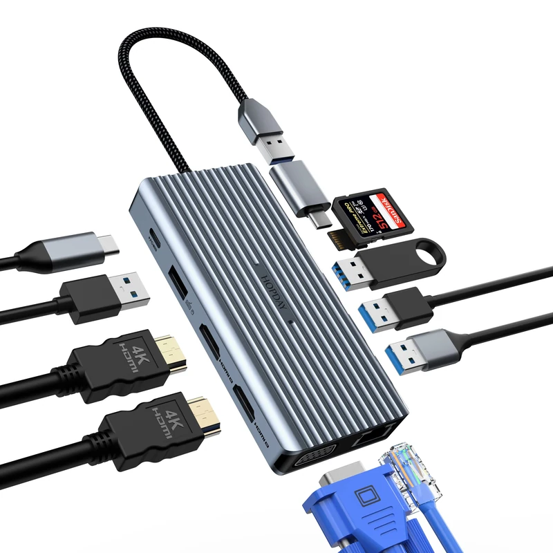 HOPDAY VGA/2*HDMI USB C Docking Station Triple Display, 12 in 1 USB C HUB, MacBook Pro/Air USB C Adapter (USB A 3.0,1G Ethernet,PD 100W,Mic,SD/TF Dongle for DELL, HP, Lenovo