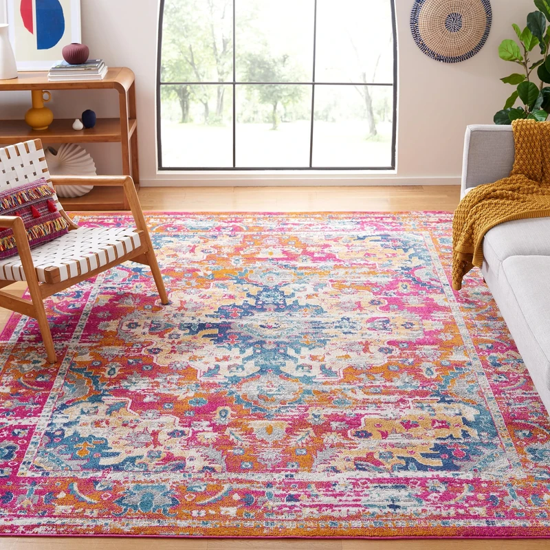 Safavieh Boho Rug for Living Room, Dining Room, Bedroom - Madison Collection, Short Pile, in Fuschia and Gold, 244 x 305 cm