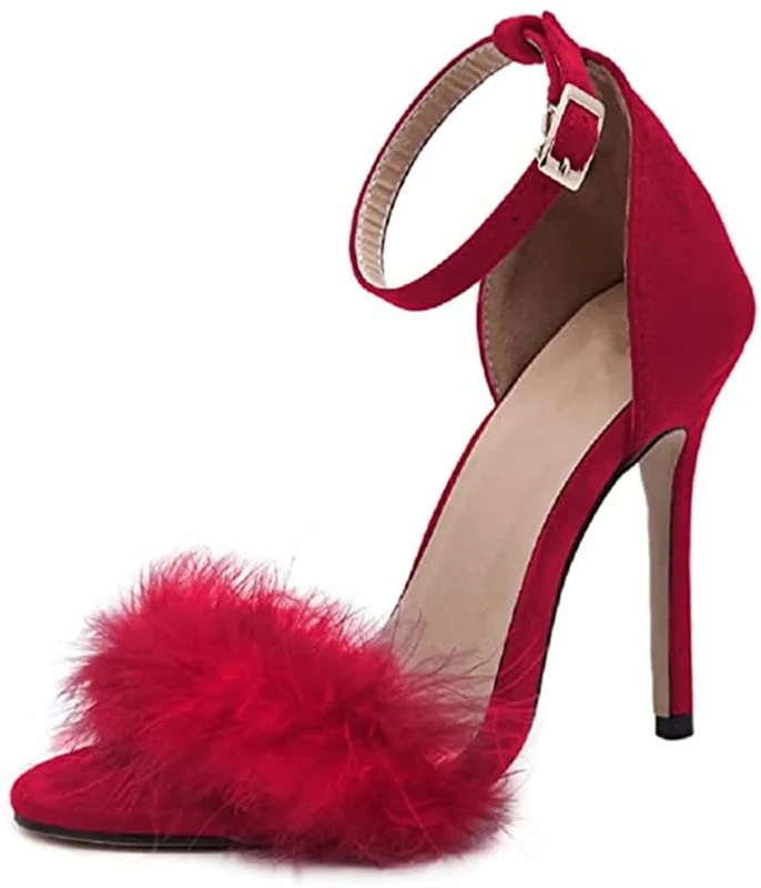 MMJULY Women's Open Toe Ankle Strap Fluffy Feather Stiletto High Heel Dress Sandal, Red, 9 UK