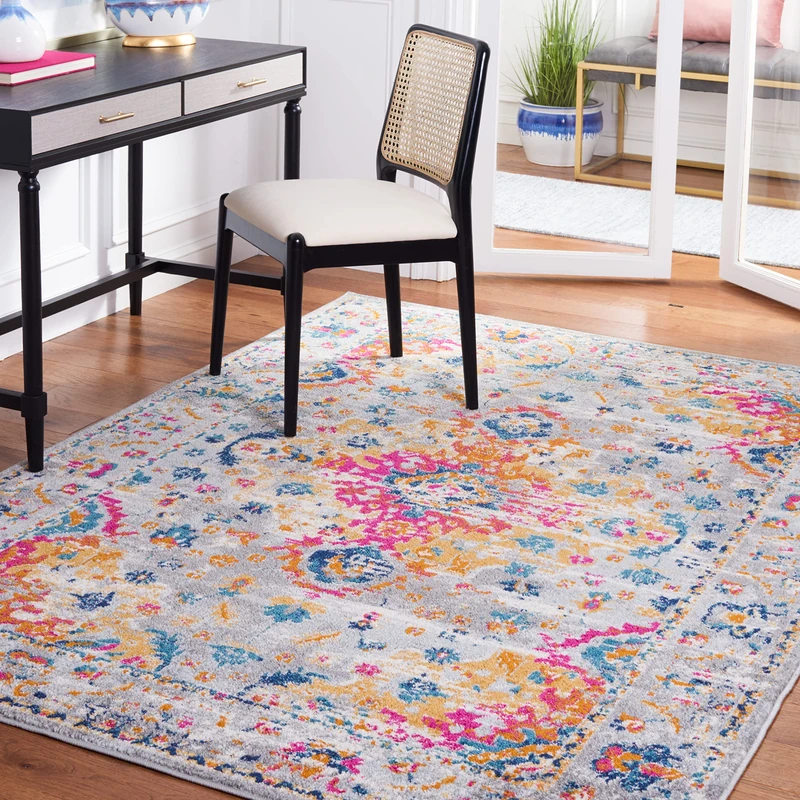 Safavieh Boho Rug for Living Room, Dining Room, Bedroom - Madison Collection, Short Pile, in Grey and Fuchsia, 201 x 201 cm