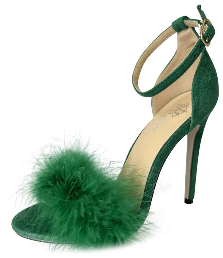 MMJULY Women's Open Toe Ankle Strap Fluffy Feather Stiletto High Heel Dress Sandal, Green, 9 UK