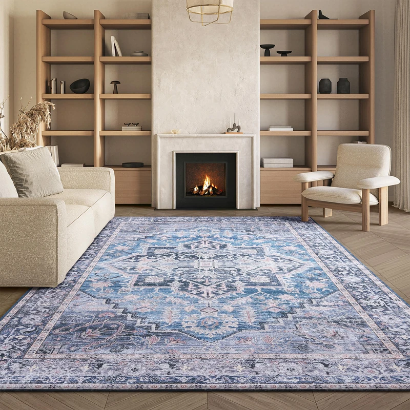 Safavieh Traditional Rug Ideal for High Traffic Areas - Machine Washable and Non Slip - Tucson Collection, Short Pile, in Blue and Grey, 244 X 305 cm
