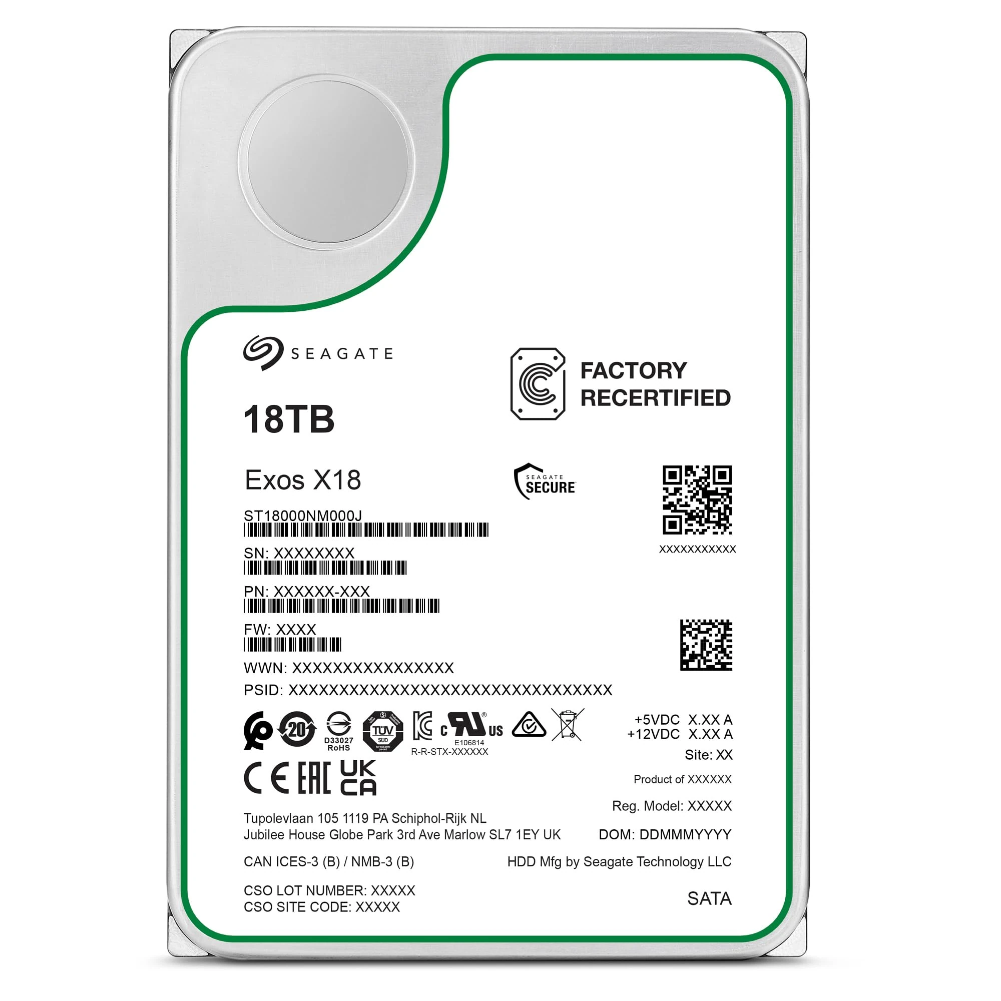 Seagate Exos X18 Enterprise, 18TB HDD, CMR 3.5 inch, Hyperscale SATA 6GB/s, 7200 rpm, 512e, 4Kn, Low Latency with Improved Caching, HDD - Model No.: ST18000NM000J (Refurbished)