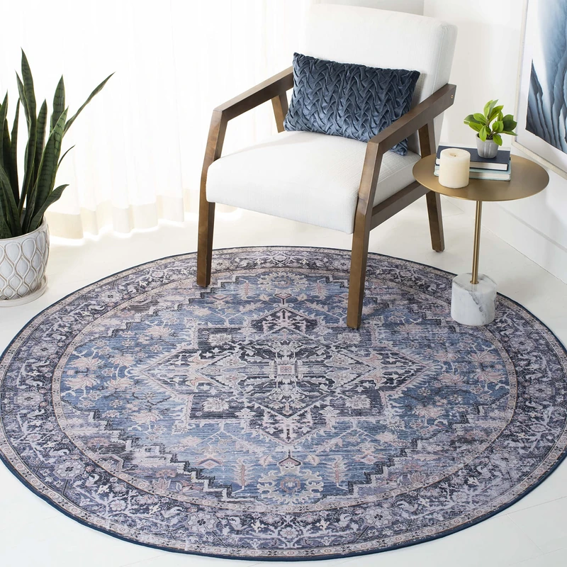 Safavieh Traditional Rug Ideal for High Traffic Areas - Machine Washable and Non Slip - Tucson Collection, Short Pile, in Blue and Grey, 183 X 183 cm