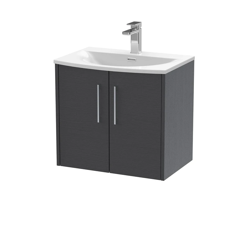 Hudson Reed JNU2223G Juno Modern Bathroom Wall Hung 2-Door Vanity with Curved Ceramic Basin, 600mm, Woodgrain Graphite Grey