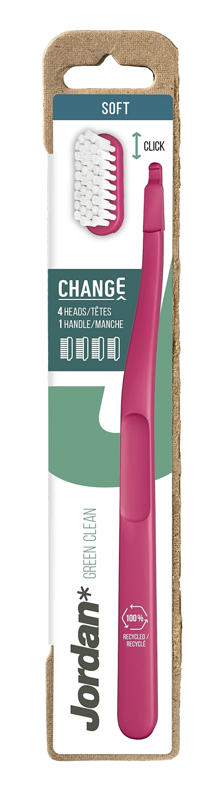 Jordan | Change Green Clean | Eco-Friendly Toothbrush with Recycled Plastic, Bio-Bristles & Replaceable Heads to Reduce Waste | Soft | 1 Handle & 4 Replacement Heads