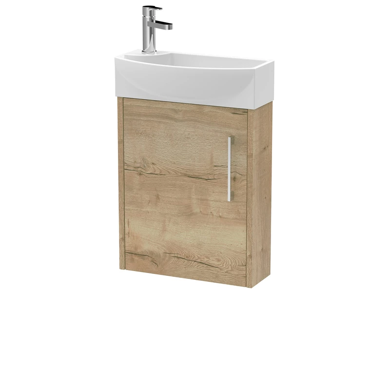 Hudson Reed JNU1861R Juno Compact Modern Cloakroom Wall Hung 1-Door Unit with 1 Tap Hole Right Hand Basin, 440mm, Woodgrain Autumn Oak
