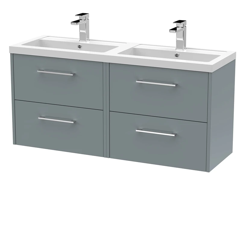 Hudson Reed JNU2324C Juno Modern Bathroom Wall Hung 4-Drawer Vanity with Polymarble Double Basin, 1200mm, Matt Coastal Grey