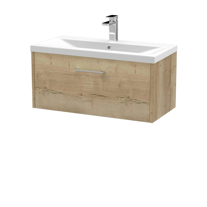 Hudson Reed JNU1825A Juno Modern Bathroom Wall Hung Single Drawer Vanity with Mid-Edge Ceramic Basin, 800mm, Woodgrain Autumn Oak
