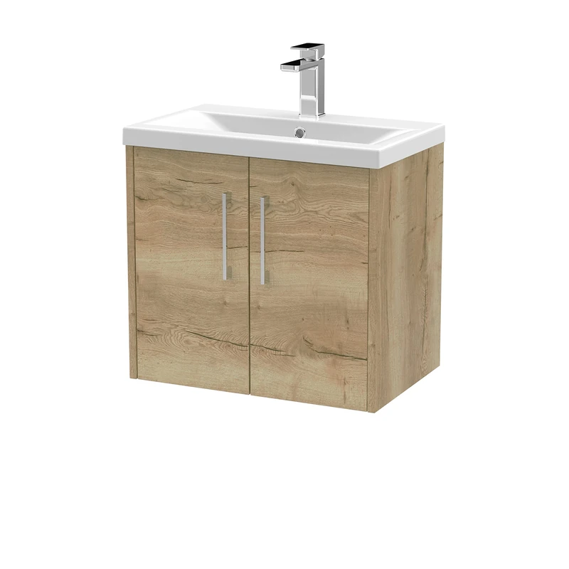 Hudson Reed JNU1823A Juno Modern Bathroom Wall Hung 2-Door Vanity with Mid-Edge Ceramic Basin, 600mm, Woodgrain Autumn Oak