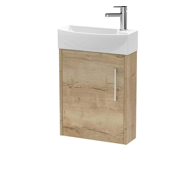 Hudson Reed JNU1861L Juno Compact Modern Cloakroom Wall Hung 1-Door Unit with 1 Tap Hole Left Hand Basin, 440mm, Woodgrain Autumn Oak