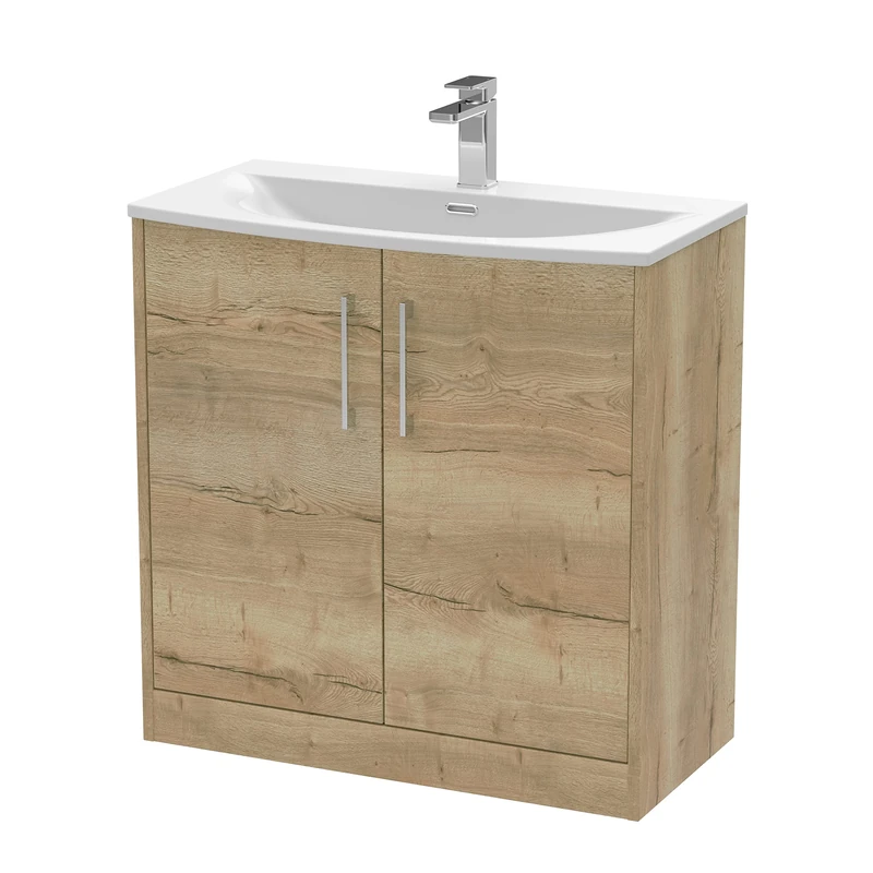 Hudson Reed JNU1805G Juno Modern Bathroom Floor Standing 2-Door Vanity with Curved Ceramic Basin, 800mm, Woodgrain Autumn Oak