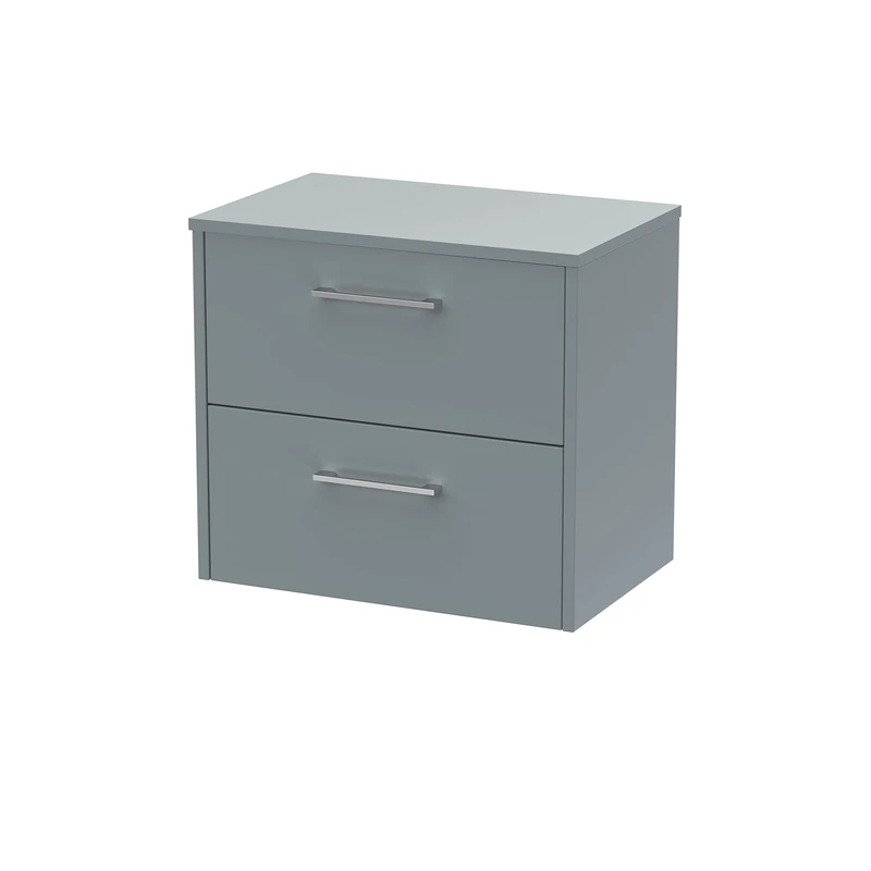 Hudson Reed JNU2324W Juno Modern Bathroom Wall Hung 2-Drawer Vanity with Colour Coordinating Worktop, 600mm, Matt Coastal Grey