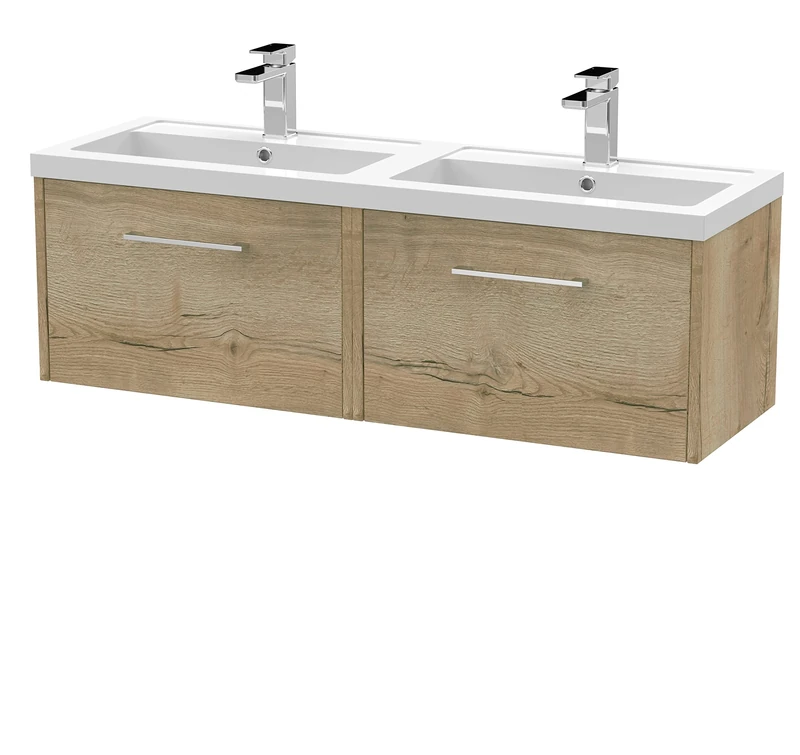 Hudson Reed JNU1822C Juno Modern Bathroom Wall Hung 2-Drawer Vanity with Polymarble Double Basin, 1200mm, Woodgrain Autumn Oak