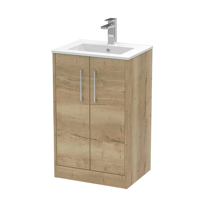 Hudson Reed JNU1801B Juno Modern Bathroom Floor Standing 2-Door Vanity with Minimalist Ceramic Basin, 500mm, Woodgrain Autumn Oak