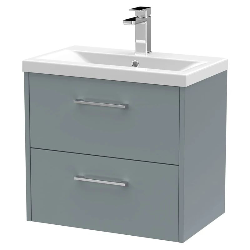 Hudson Reed JNU2324A Juno Modern Bathroom Wall Hung 2-Drawer Vanity with Mid-Edge Ceramic Basin, 600mm, Matt Coastal Grey