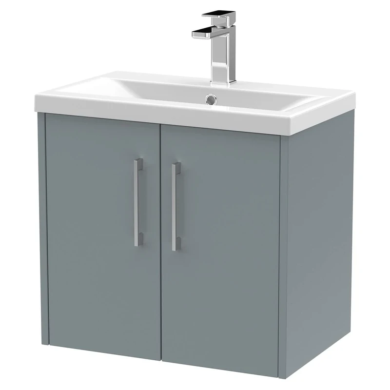 Hudson Reed JNU2323A Juno Modern Bathroom Wall Hung 2-Door Vanity with Mid-Edge Ceramic Basin, 600mm, Matt Coastal Grey