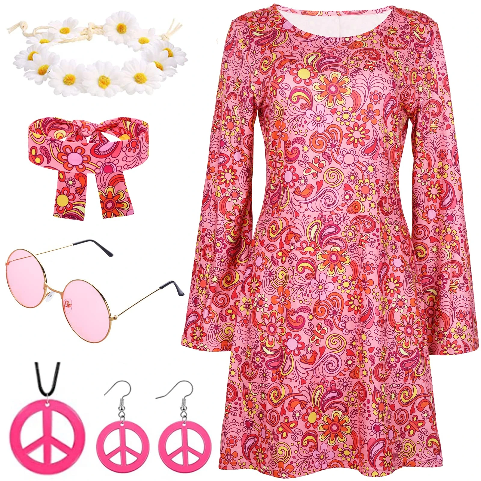 YADODO 60s 70s Fancy Dress Women Disco Hippie Costume with Accessories 1970s 1960s Hippie Fancy Dress for Women Adult Clothes 70 Style Ladies Pink Flower Power Dress (S)