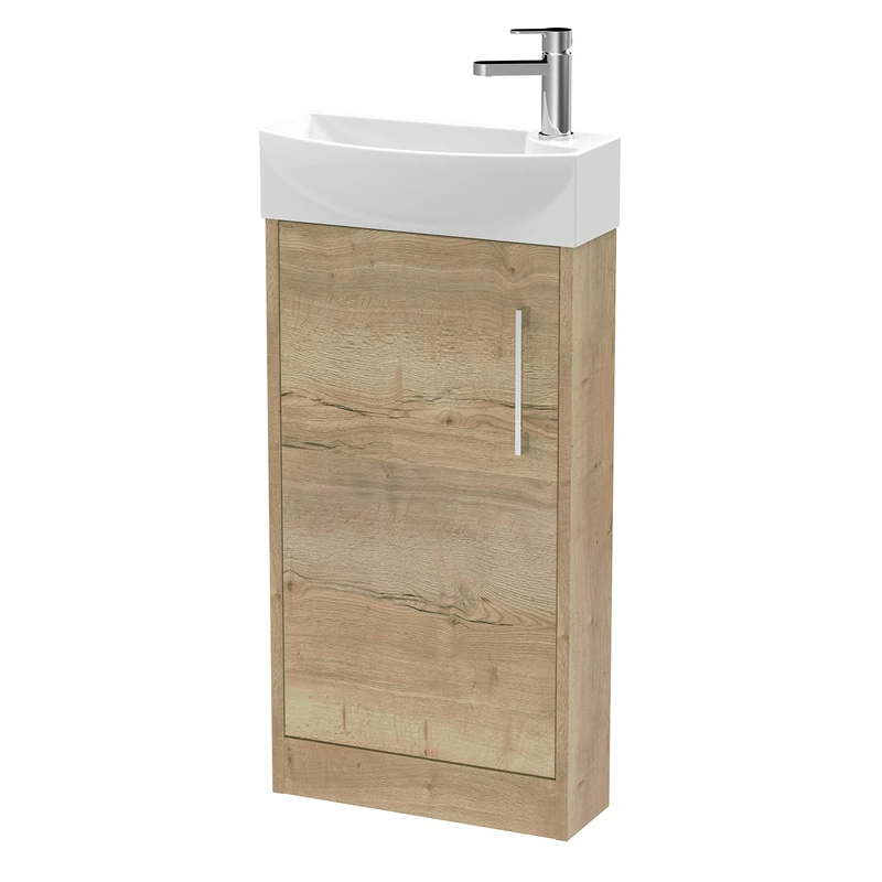 Hudson Reed JNU1821L Juno Compact Modern Cloakroom Floor Standing 1-Door Unit with 1 Tap Hole Left Hand Basin, 440mm, Woodgrain Autumn Oak - Image 1