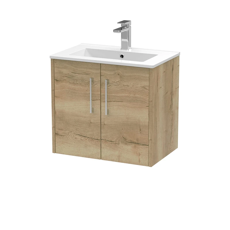 Hudson Reed JNU1823B Juno Modern Bathroom Wall Hung 2-Door Vanity with Minimalist Ceramic Basin, 600mm, Woodgrain Autumn Oak