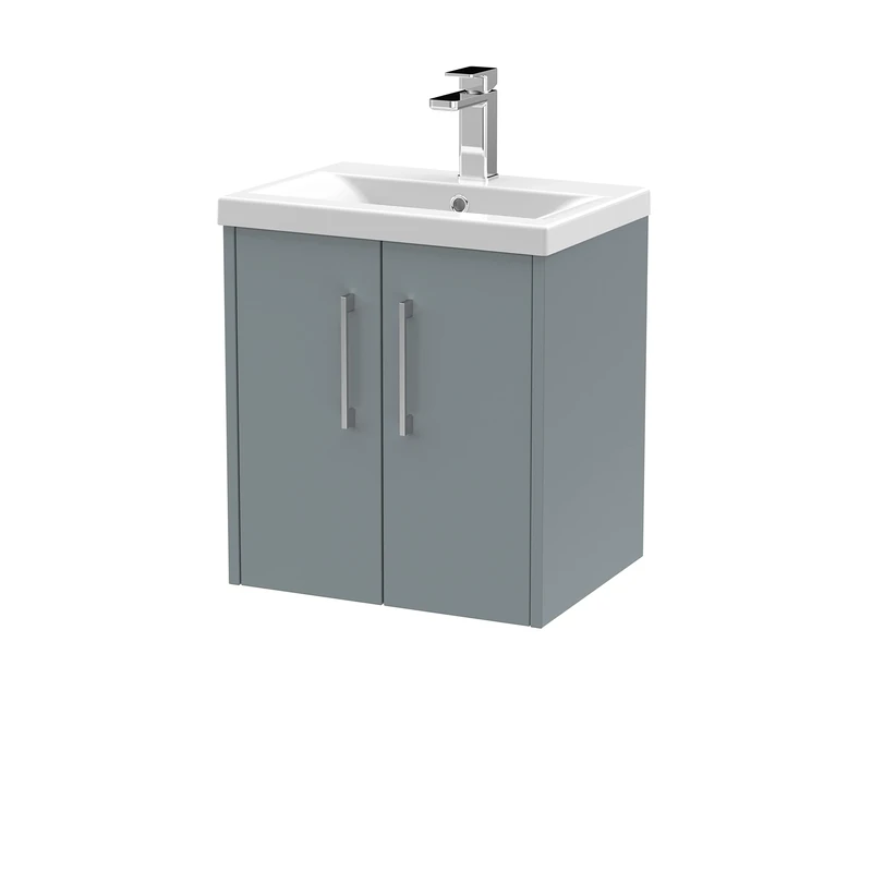 Hudson Reed JNU2321A Juno Modern Bathroom Wall Hung 2-Door Vanity with Mid-Edge Ceramic Basin, 500mm, Matt Coastal Grey