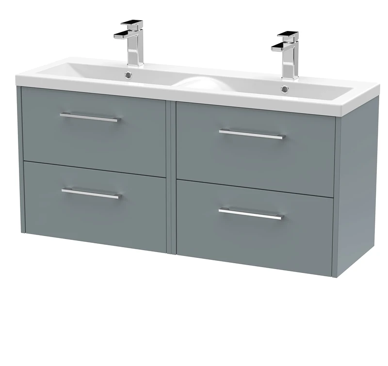 Hudson Reed JNU2324F Juno Modern Bathroom Wall Hung 4-Drawer Vanity with Ceramic Double Basin, Coastal Grey