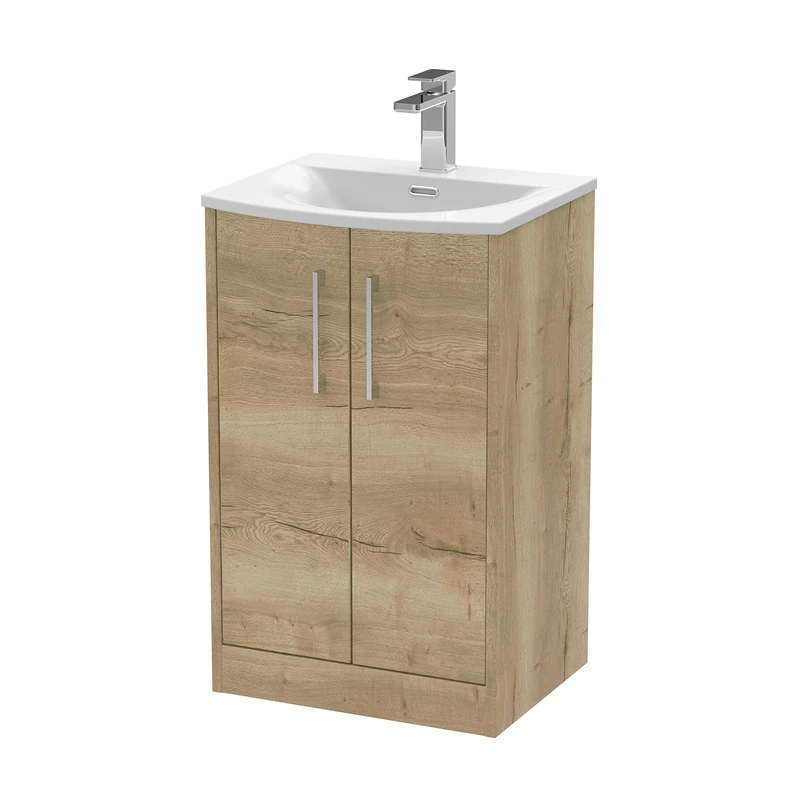 Hudson Reed JNU1801G Juno Modern Bathroom Floor Standing 2-Door Vanity with Curved Ceramic Basin, 500mm, Woodgrain Autumn Oak