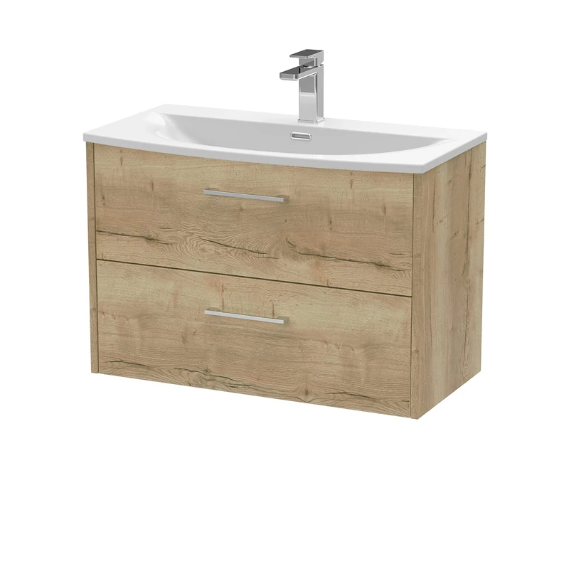 Hudson Reed JNU1826G Juno Modern Bathroom Wall Hung 2-Drawer Vanity with Curved Ceramic Basin, 800mm, Woodgrain Autumn Oak