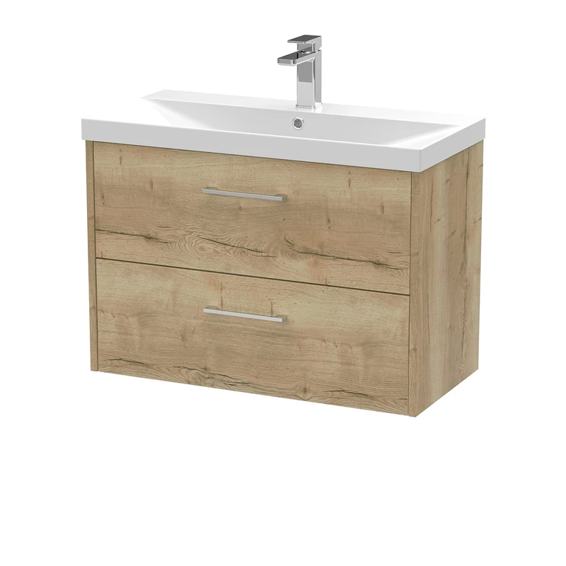 Hudson Reed JNU1826D Juno Modern Bathroom Wall Hung 2-Drawer Vanity with Thin-Edge Ceramic Basin, 800mm, Woodgrain Autumn Oak