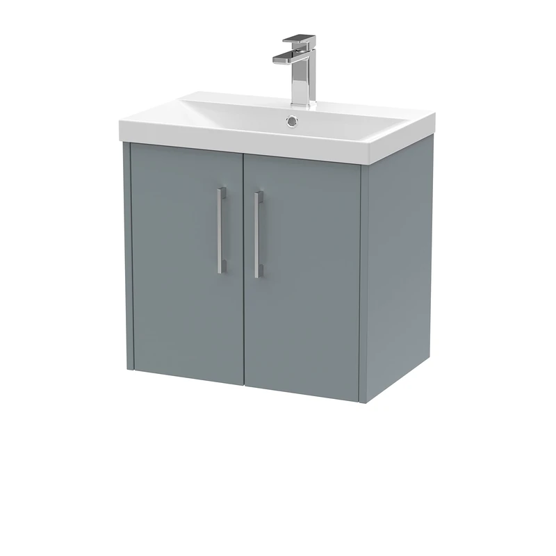 Hudson Reed JNU2323D Juno Modern Bathroom Wall Hung 2-Door Vanity with Thin-Edge Ceramic Basin, 600mm, Matt Coastal Grey