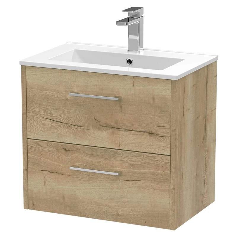 Hudson Reed JNU1824B Juno Modern Bathroom Wall Hung 2-Drawer Vanity with Minimalist Ceramic Basin, 600mm, Woodgrain Autumn Oak