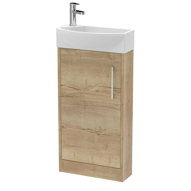 Hudson Reed JNU1821R Juno Compact Modern Cloakroom Floor Standing 1-Door Unit with 1 Tap Hole Right Hand Basin, 440mm, Woodgrain Autumn Oak